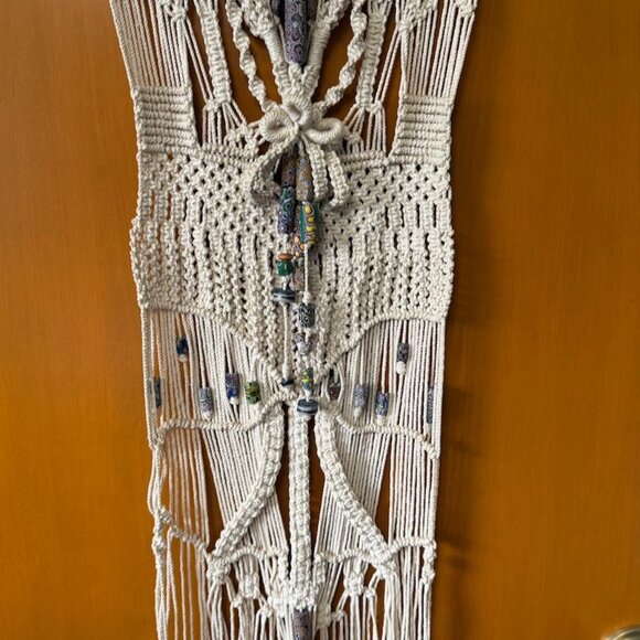 Vintage Macramé Wall Hanging Boho Venetian Antique Chevron Cane Millefiori Beads - Picture 4 of 10